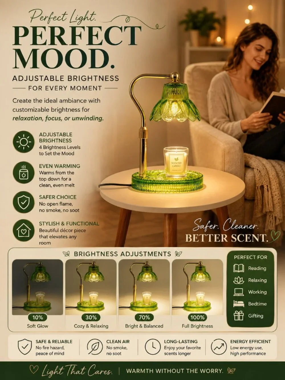 Green & Gold Candle Warmer Lamp Adjustable Brightness Vintage Floral Glass Home